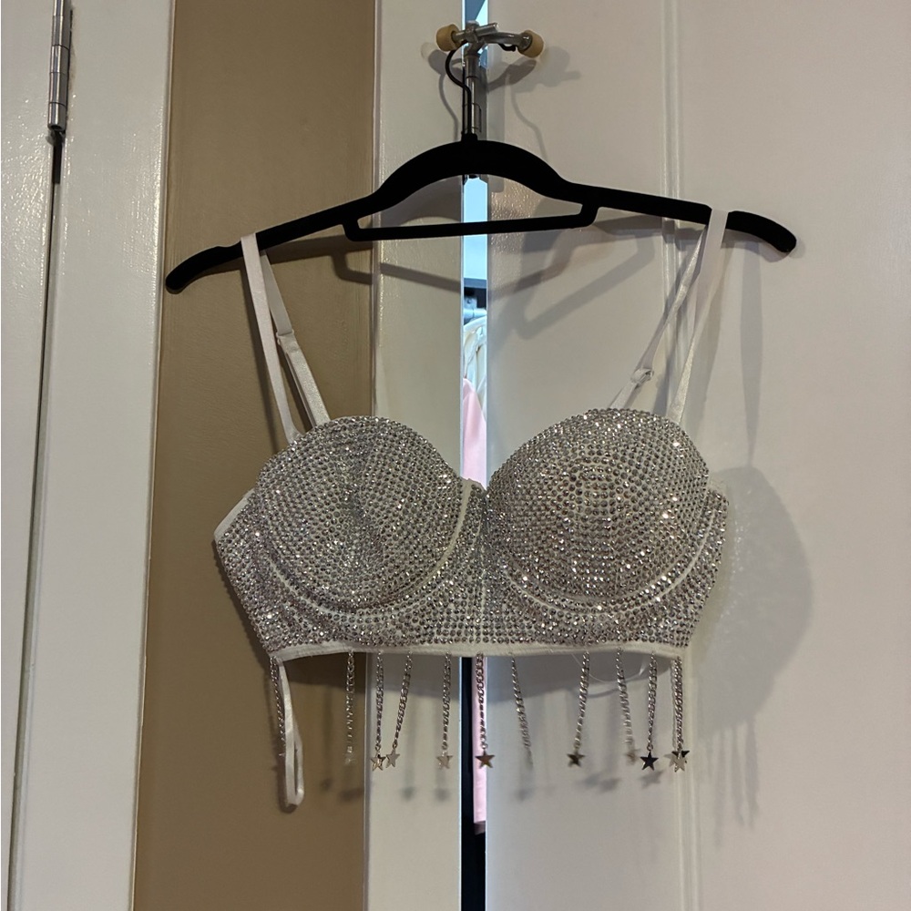 Silver Rhinestone Embellished Crop Top